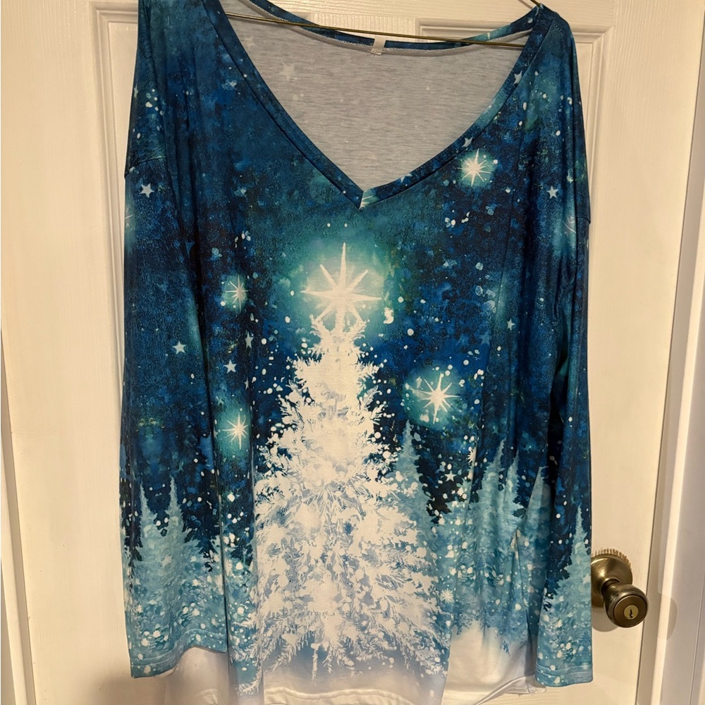 Elegant Blue Starry and Trees Long Sleeve Top